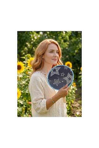 Star Desenli Katlanabilir Yuvarlak Yazlık Taşınabilir Çantalı El Yelpazesi 25cm