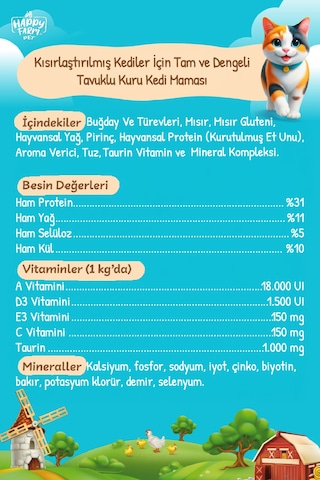 Happy Farm Kısırlaştırılmış Kedi Maması Tavuk Etli 15 Kg