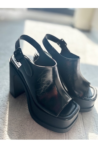 Asmi Shoes Kadın Veronica Siyah Rugan 12 Cm Önü Ve Arkası Açık Platform Topuklu Ayakkabı