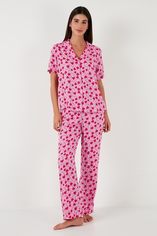 Lela Rahat Kesim Bol Paça Mono Yaka Kısa Kollu Bayan Pijama Takımı 6110290 Toz Pembe