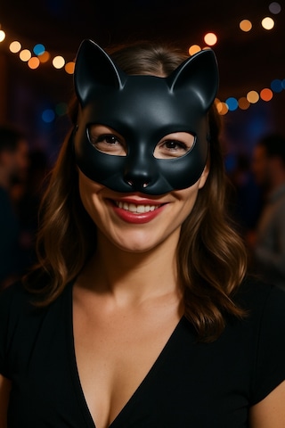 Kedi Şekilli Siyah Parlak Kumaş Maske Yetişkin Uyumlu Rahat Lastikli Kedi Kostüm Maskesi
