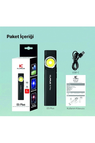 Klarus E5 Plus Ultra İnce, Manyetik, Şarjlı Led Fener Siyah
