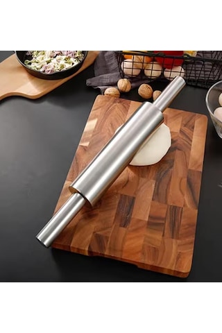 Paslanmaz Çelik Merdane - Ergonomik Döner Saplı Hamur Açma Rulosu Mutfak Şef Yardımcısı