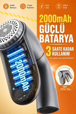 Şarjlı Tüy Toplama Makinesi 2000mah Usb-c Şarjlı 180 Derece Döner Saplı Kazak Koltuk Battaniye Nevresim Tiftik Temizleyici Gri