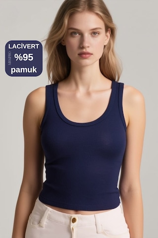 Mrmpro Kadın Lacivert Fitilli Görünümlü Kalın Askılı Basic Atlet Body %95 Pamuk Lacivert