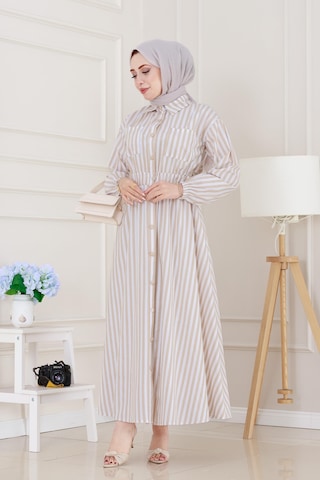 Sevitli Çizgili Cepli Tesettür Elbise-bej-5136 Bej