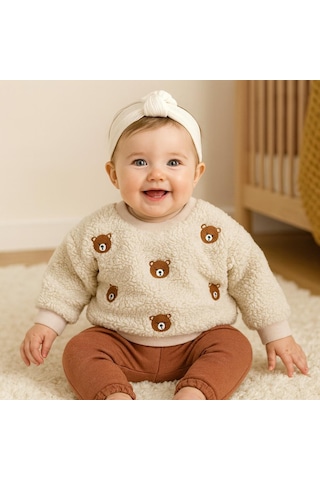 Bear Kafalar Nakışlı Omuzdan Çıtçıtlı Pantolonda Cep Detaylı Welsoft 2 Parça Takım Koyu Kahverengi