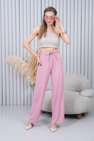 Polologin Butik Beli Bağcıklı Yüksek Bel Bol Paça Pudra Pantolon Pembe
