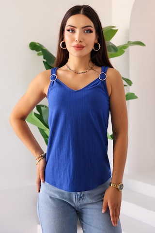 Kadın Mavi Askılı V Yaka Halka Detaylı Şık Bluz, Kadın Bluz Modeli Mavi