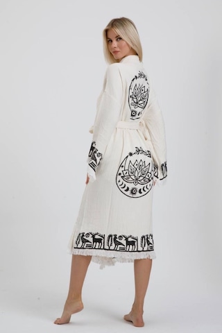 Befera Hitit Müslin Kimono Pamuklu Lotus Baskılı Desenli Bornoz Kaftan Sabahlık Ekru