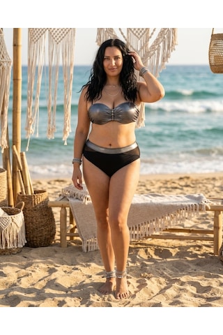 Büyük Beden Destekli Straplez Kesim Parlak Toparlayıcı Yüksek Bel Kadın Bikini Takım Siyah