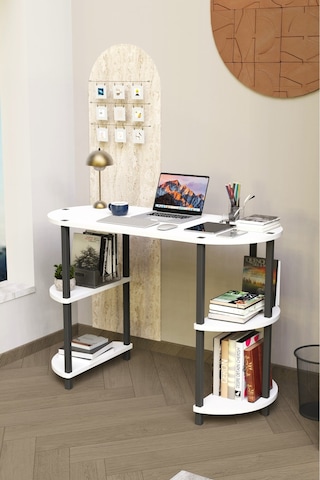 Soft Oval Çalışma Masası Çok Raflı Bilgisayar Masası Modern Ofis Ve Ev Çalışma Masası Beyaz