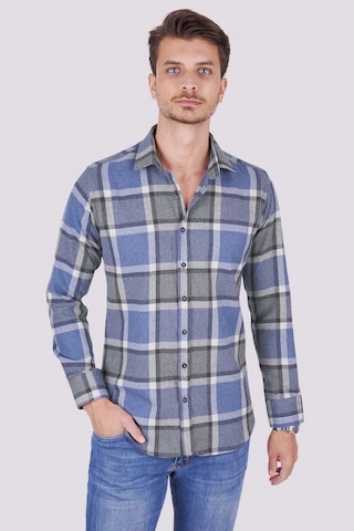 Mavi Gri Kareli Slimfit Oduncu Erkek Gömlek Mavi