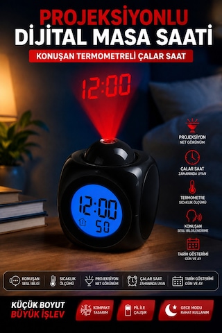 Duvara Yansıtan Projeksiyonlu Dijital Çalar Saat Konuşan Termometreli Led Alarm Masa Saati Pilli & Kablolu Kullanım Siyah