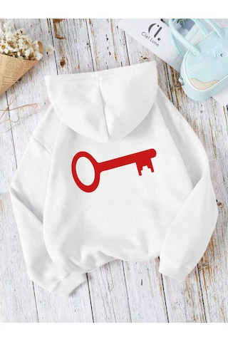 Nevermınd Sevgili Çift Kombin Key To Yazı Baskılı Renk Kapüşonlu Sweatshirt 2'li Set Takım Beyaz Beyaz