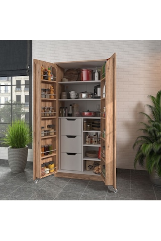 90 Derece Açılabilir 2 Kapaklı, 3 Çekmeceli, Kavanoz Raflı Kiler Ve Erzak Mutfak Dolabı Atlantik Çam