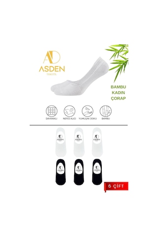 Asden Bambu Kadın Babet Çorap 3 Siyah 3 Beyaz 6'lı Paket, Dikişsiz, Kaydırmaz Silikonlu Topuk Çok Renkli