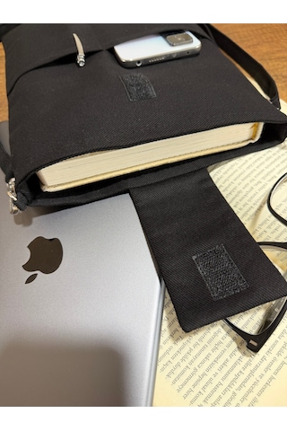 Aksesuarsepeti El Yapımı Cepli Ayarlanabilir Askılı, Kılıf Çanta, Tablet Kılıfı, Kitap Çantası, Organizer Çanta, Siyah