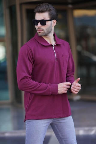 Madmext Bordo Polo Yaka Fermuarlı Uzun Kollu Erkek Sweatshirt 7057 Bordo