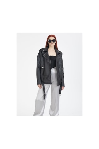 Pin Fashion Kadın Oversıze Tarz Uzun Deri Ceket Siyah Siyah