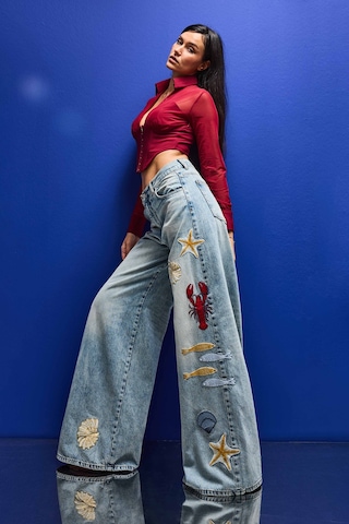 it's basic Kadın Kot Rengi 4s6-32 Palazzo Fit Deniz Dünyası Nakışlı Özel Tasarım Denim Jean Mavi