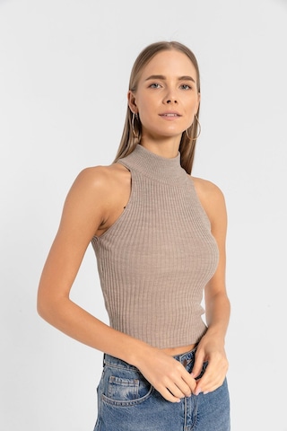 Miss Poem Kadın Kolsuz Slim Fit Boğazlı Fitilli Kısa Antrasit Triko Crop Vizon