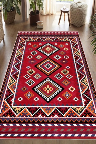 Kırmızı Etnik Kilim Desenli Dijital Baskılı Kaymaz Taban Yıkanabilir Halı
