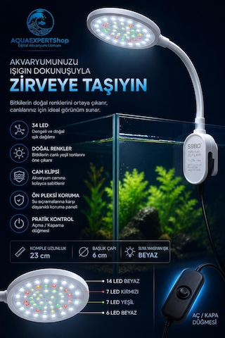 Sobo Usb Akvaryum Işığı - Balık Işığı - Bitki Işığı - 34 Led - Y-3w - Güçlü Aydınlatma - Üstün Performans - 23 Cm - Beyaz