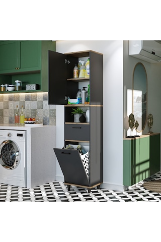 Çamaşır Sepetli Banyo Dolabı, Çok Amaçlı Dolap 45 X 200 Atlantik - Antrasit