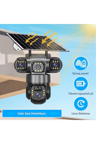 9mp Üçlü Lens, Güneş Enerjili Ptz Güvenlik Kamerası. Sım Kart İle Her Yerden 7/24 İzleme, İki Yönlü Ses Ve Gece Görüşü.