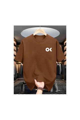 Medinenur Ok Yazı Baskılı Basic T-shirt Kahverengi