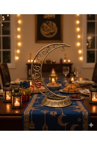 28 Cm Ramazan Dekoratif Masa Üstü Hilal Eskitme Gold Plastik Tabanlı Süs Diğer