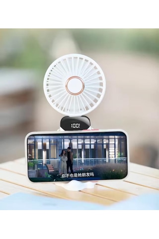 Mini Taşınabilir El Ve Masa Fanı Dijital Göstergeli Boyun Askılı 5 Kademeli Vantilatör Beyaz