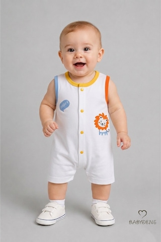 Babyden's Erkek Bebek Tulum Yazlık Pamuklu Şortlu Çıtçıtlı Aslan Baskılı Bebek Tulumu Yenidoğan Bebek Giyim 0-9 Ay Beyaz