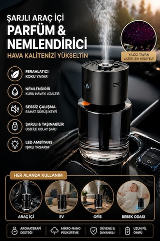 Araç İçi Hava Nemlendirici Ve Koku Difüzörü Usb Şarjlı Sessiz Çalışma 140 Ml Siyah