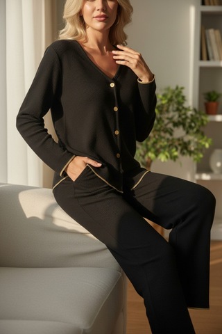 Epilons Zenvial Premium Kadın Fitilli Pijama Takımı Siyah Gold Biye Detaylı, Yumuşak Dokulu Ev Şıklığı Zenviall2