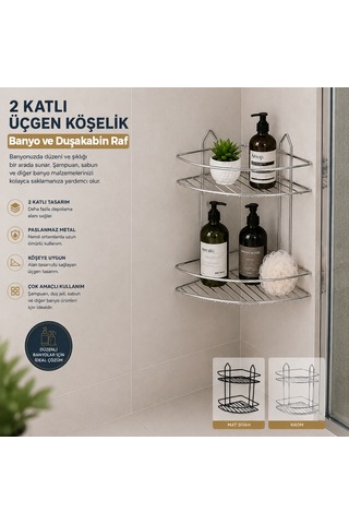 Çift Katlı Krom Metal Banyo Köşeliği - Üçgen Duş Rafı Çok Renkli