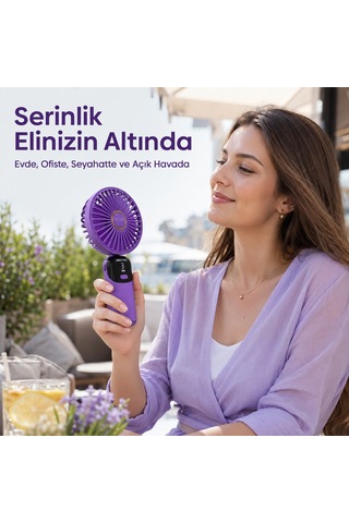 Mkio Şarjlı El Vantilatörü 5 Kademeli, Katlanabilir Dijital Ekranlı Mini El Fanı, 1200 Mah, 5 Pervaneli Güçlü Hava Akışı, Standlı Masaüstü Fan, Usb Şarjlı - Mor Renk