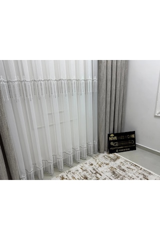 Nivemeshome 2571 V -105 Reina Gümüş 1/2,5 Pileli Bambu Tül Perde Gümüş