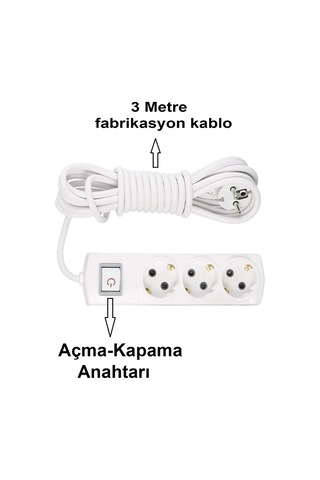 Grup Priz Topraklı 3'lü Çoklu Anahtarlı Priz Seyyar Ara Uzatma Kablosu Kablo 3 Metre 3 m