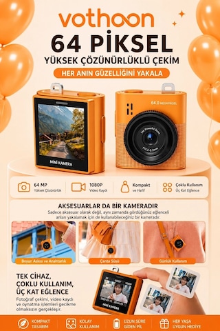 Mini Dijital Kamera 64mp 16x Digital Zoom Retro Vintage 1.4 Ekranlı Video Kamera Taşınabilir Tasarım Turuncu
