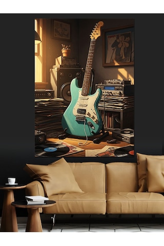 Ahşap Tablo Çalışma Odasındaki Mavi Elektrogitar