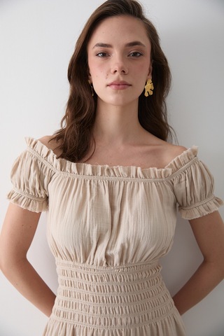 Natural Büzgülü Elbise - 2002 Bej