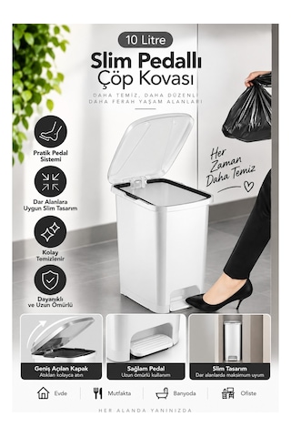 Slim Pedallı Banyo Mutfak Çöp Kovası 10 Litre Ergonomik Tasarım Plastik Malzeme İle Kullanışlı Beyaz