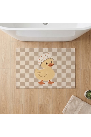 Kartela Halı Pastel Dama Ördekli Banyo Paspası Bej Kaymaz Taban Makinede Yıkanabilir 50x75 Cm