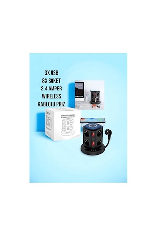 Masaüstü Kablo Toplayıcı 8 Li Priz 3 Usb Kablosuz Şarjlı 2 Metre Kablolu Kule Tipi Çoklu Priz 1 - 3 M