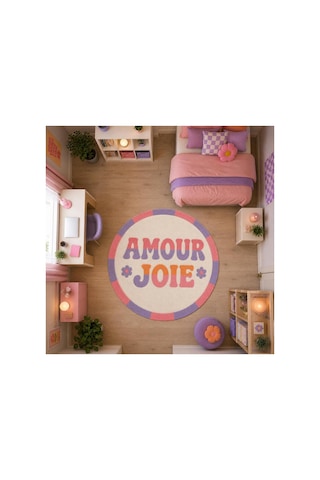 "aura" Serisi - Amour Joie Yazılı Retro Yuvarlak Krem Mor Pastel Dokuma Taban Dekoratif Halı Aura26 Çok Renkli