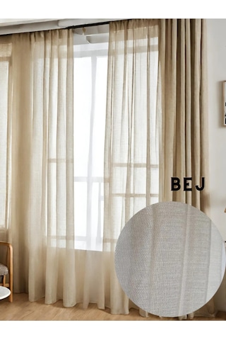 Keten Tül Çuval Desen Görünümlü 1/3 Sık Boru Pileli Bej