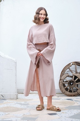 Unika Boutique Ham Keten Bohem Bluz Etek Takım Pembe