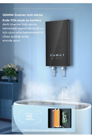Merkezi Sistem Dijital Akıllı Şofben Büyük Boy Siyah 12500w Banyo Ve Mutfakta Aynı Anda Sıcak Su